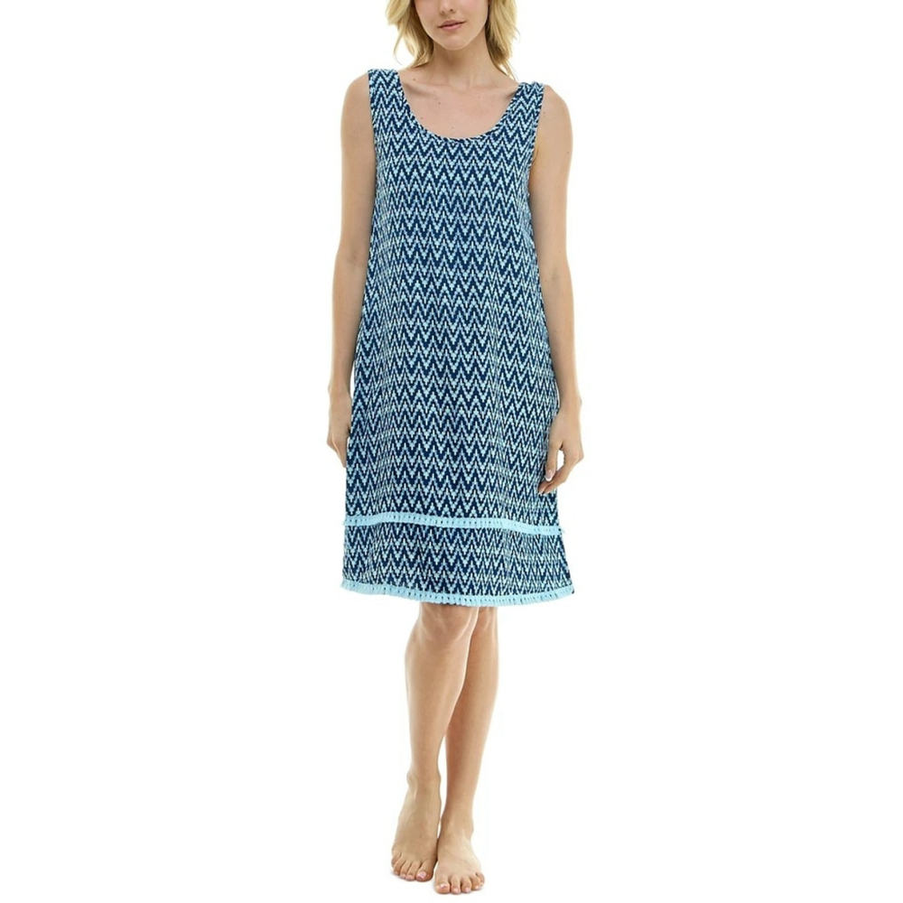 Roudelain Women's Size Large Dark Blue Printed Tassel-Trim Tank Nightgown NWT